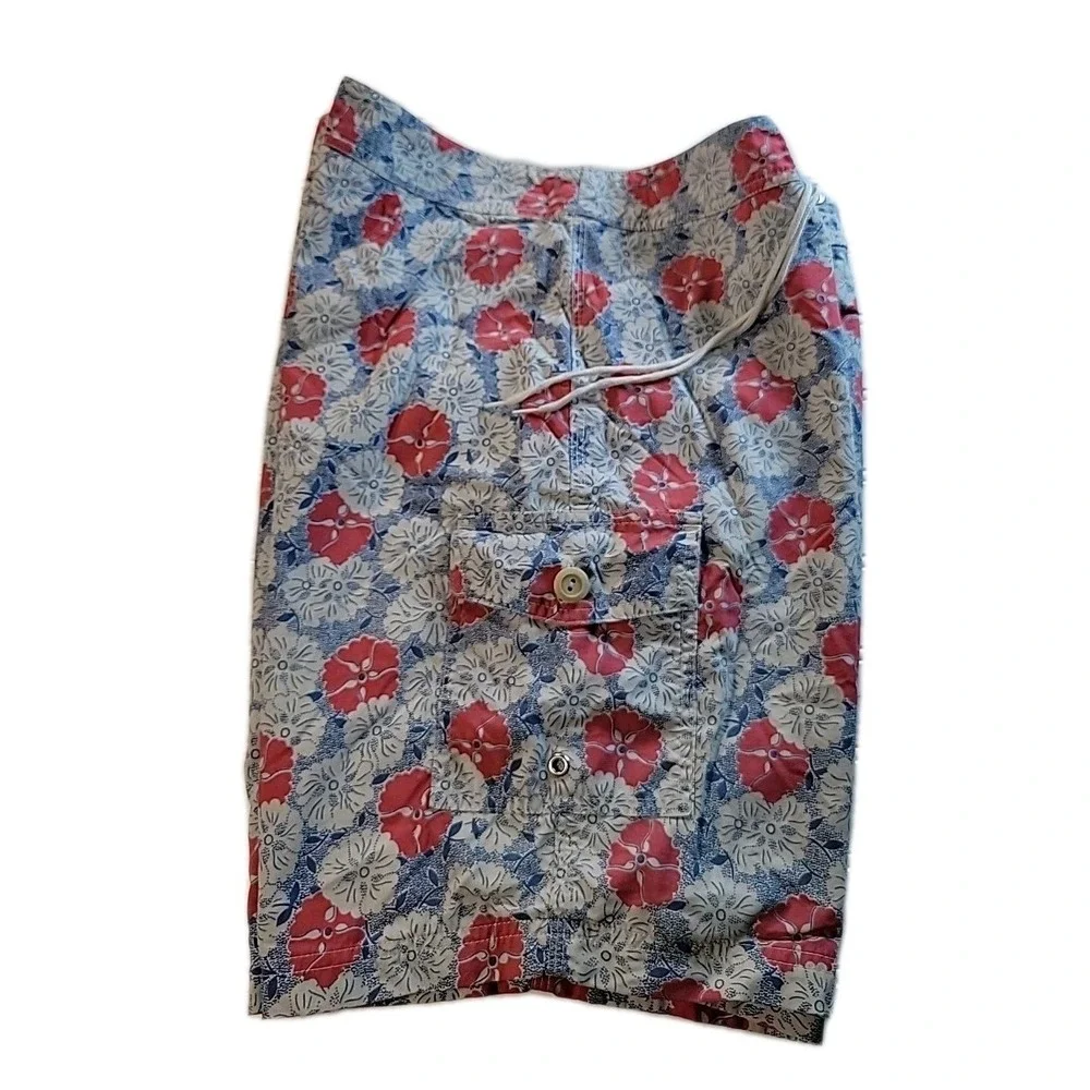 J Crew BLUE White Hawaiian FLORAL Mesh Lined  Swim Trunks‎ Mens SIZE 32